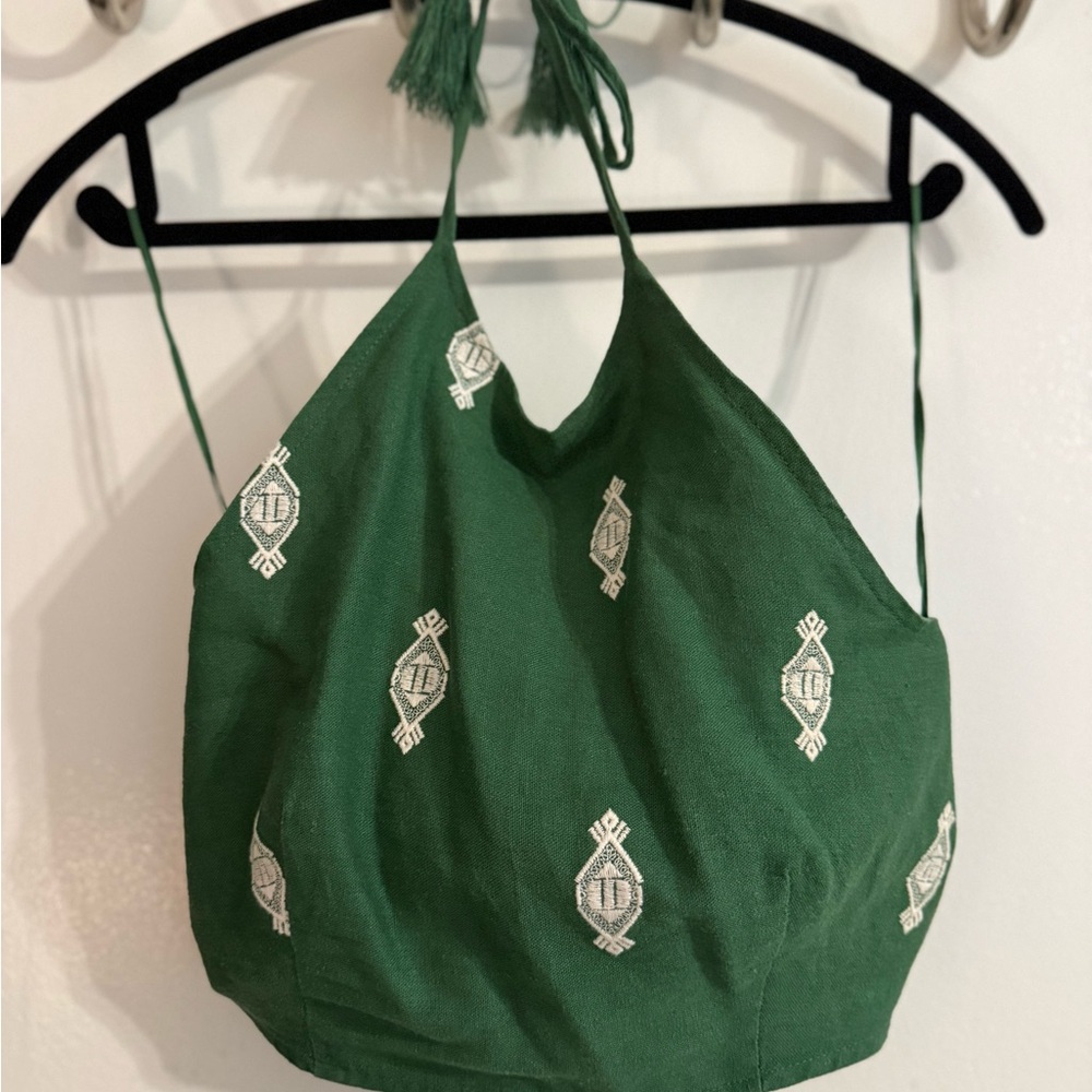 House of Harlow Green Halter Top with White Embroidery